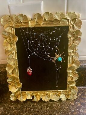 Gold Ginkgo Leaf Frame with Black Velvet Backing and Decorative Crystal spider